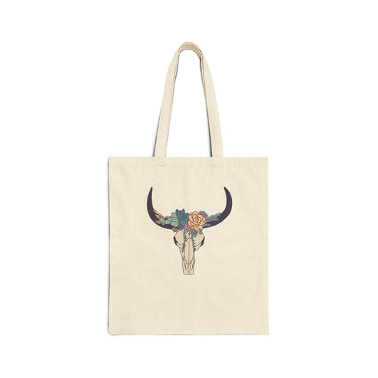 Buffalo Skull with Flowers Cotton Tote Bag