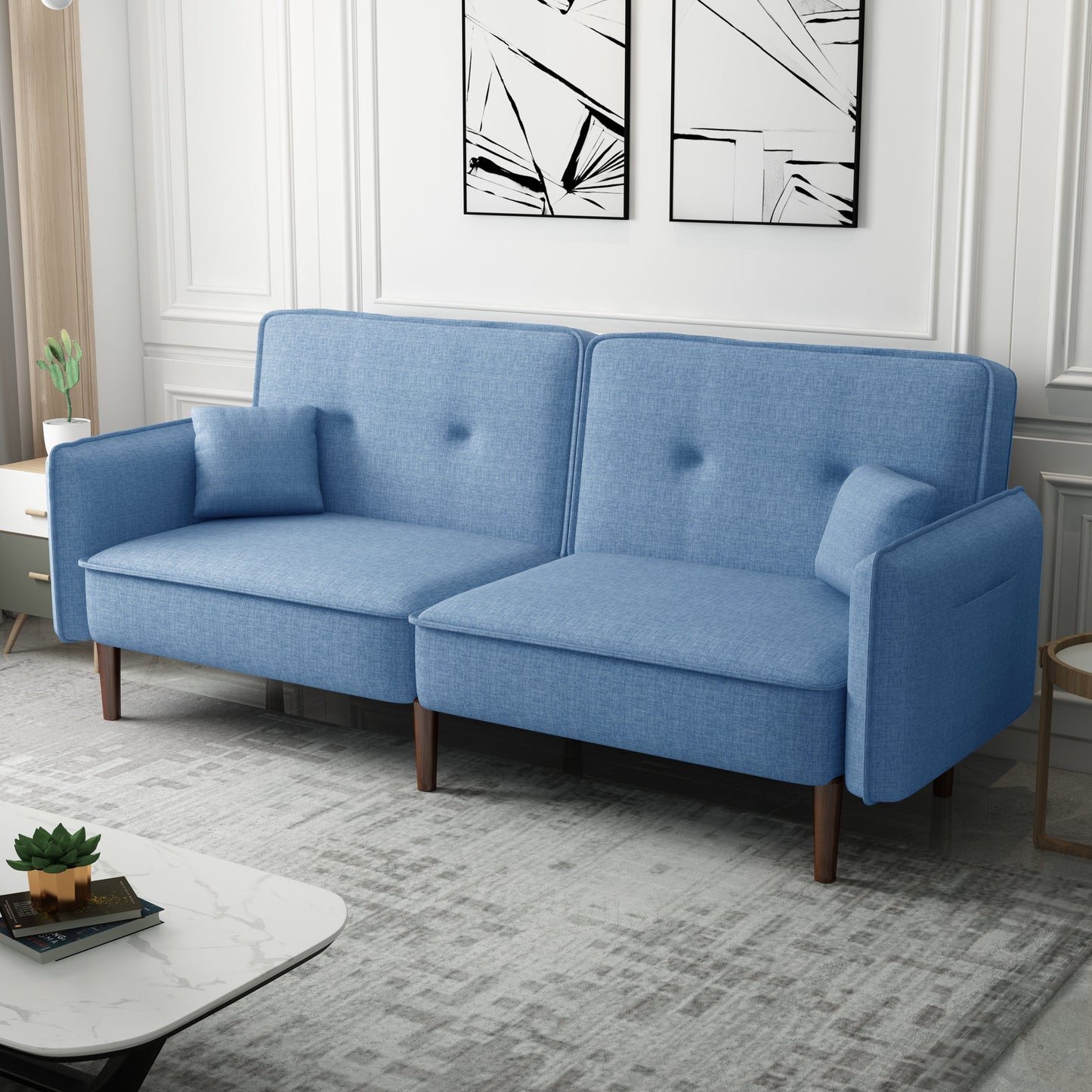 Bohemian-Inspired Blue Fabric Futon Sofa Bed