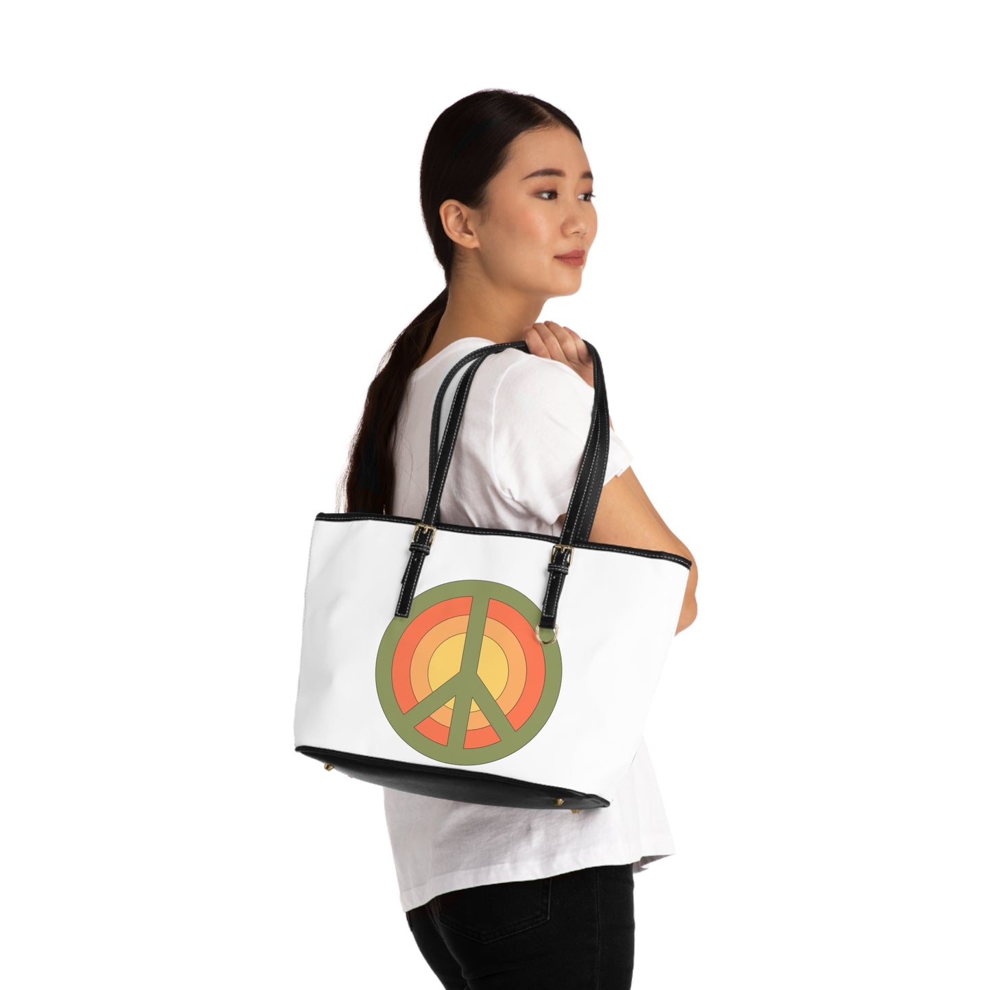 Retro Peace Sign Design Leather Shoulder Bag