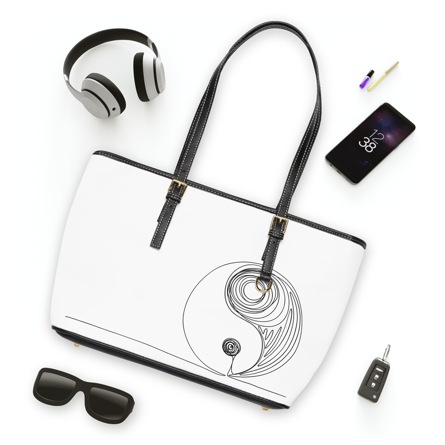 Minimalistic Yin Yang Drawing Leather Shoulder Bag