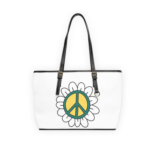 Peace Sign in White Flower Leather Shoulder Bag