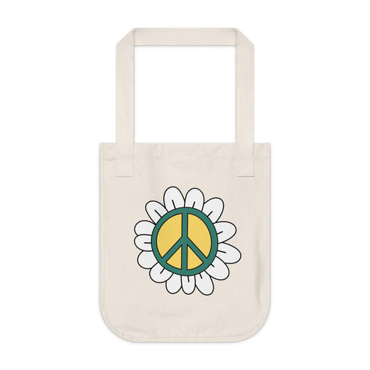 Peace Sign in White Flower Organic Canvas Tote Bag