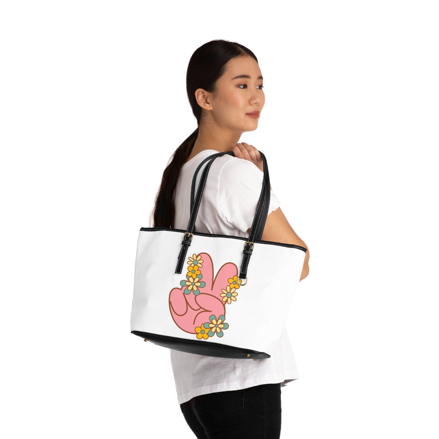 Peace Hand Sign with Flowers Leather Shoulder Bag