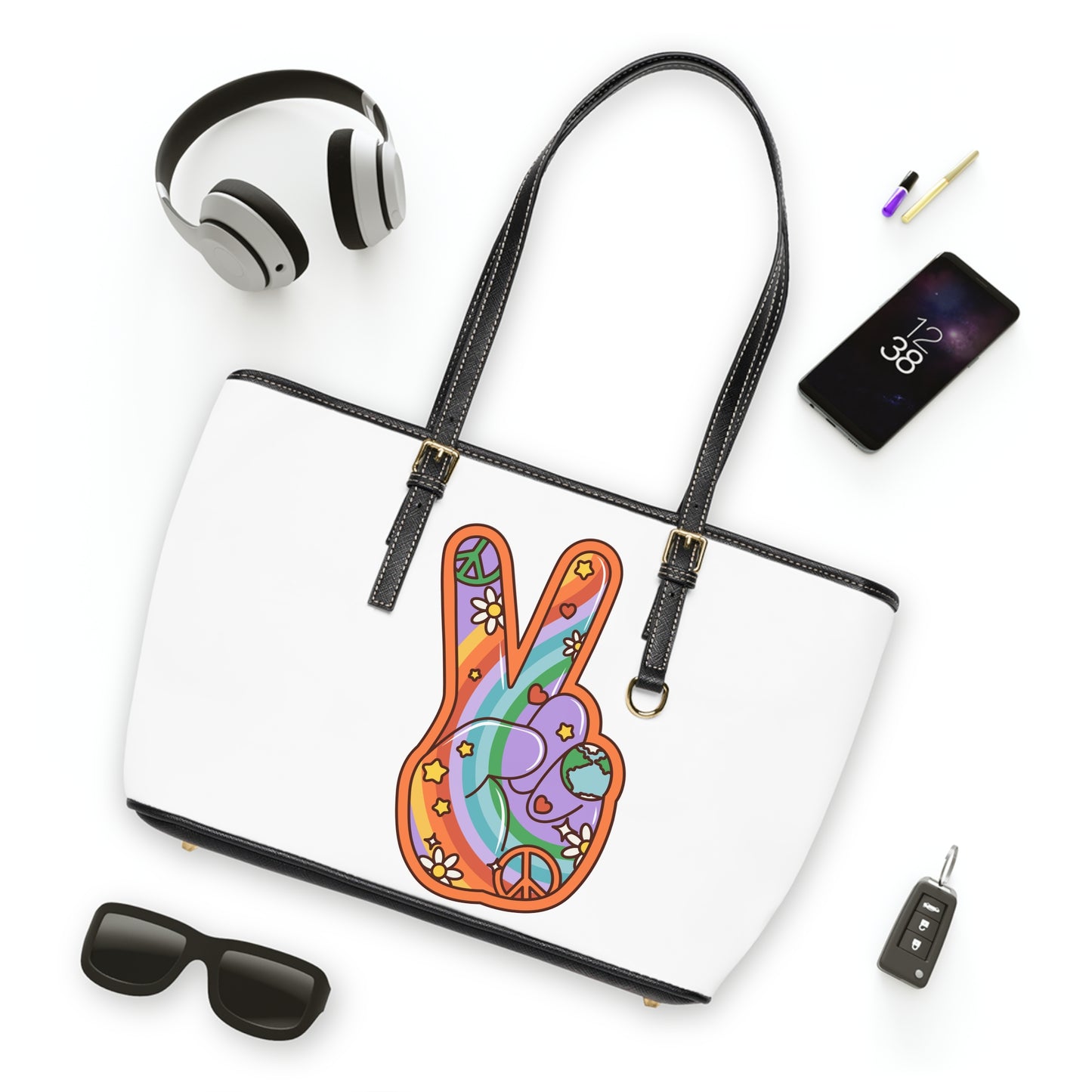 Hippie Peace Hand Sign Leather Shoulder Bag