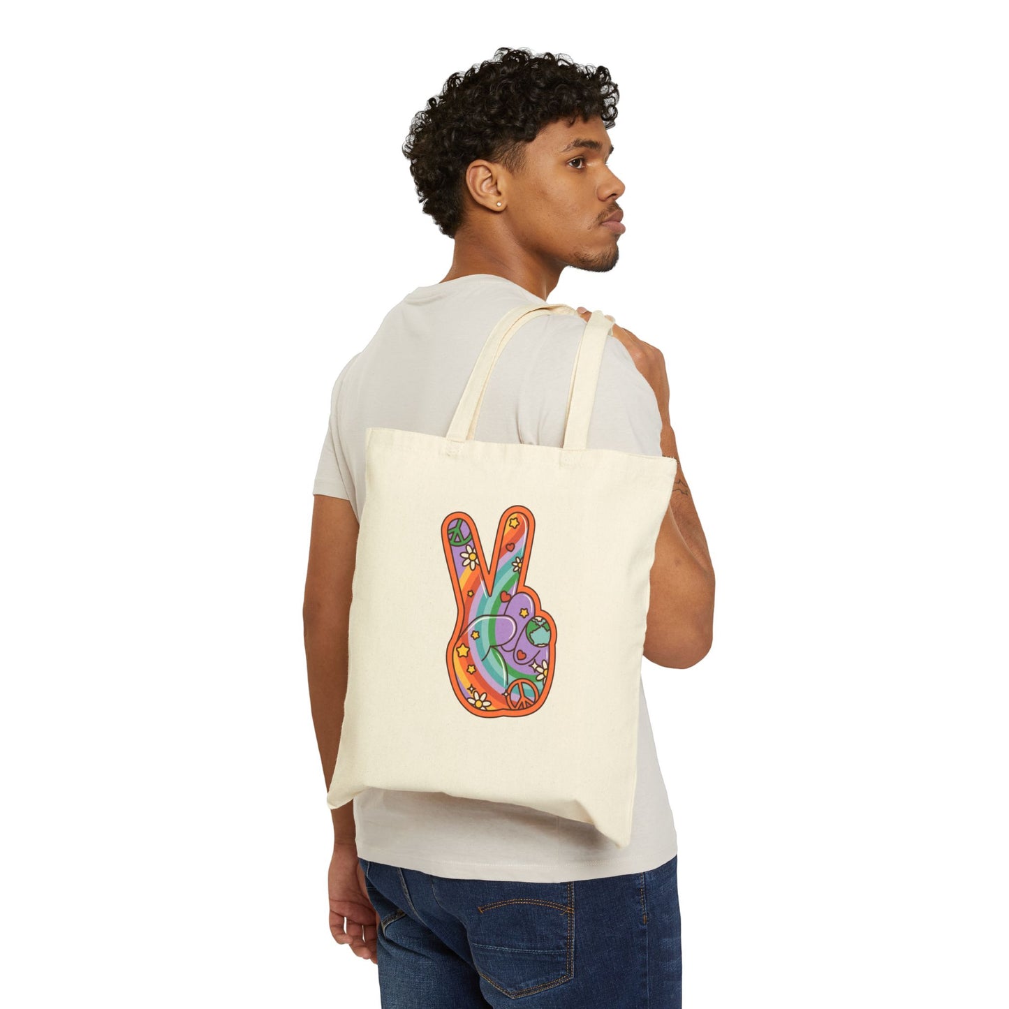 Hippie Peace Hand Sign Cotton Tote Bag