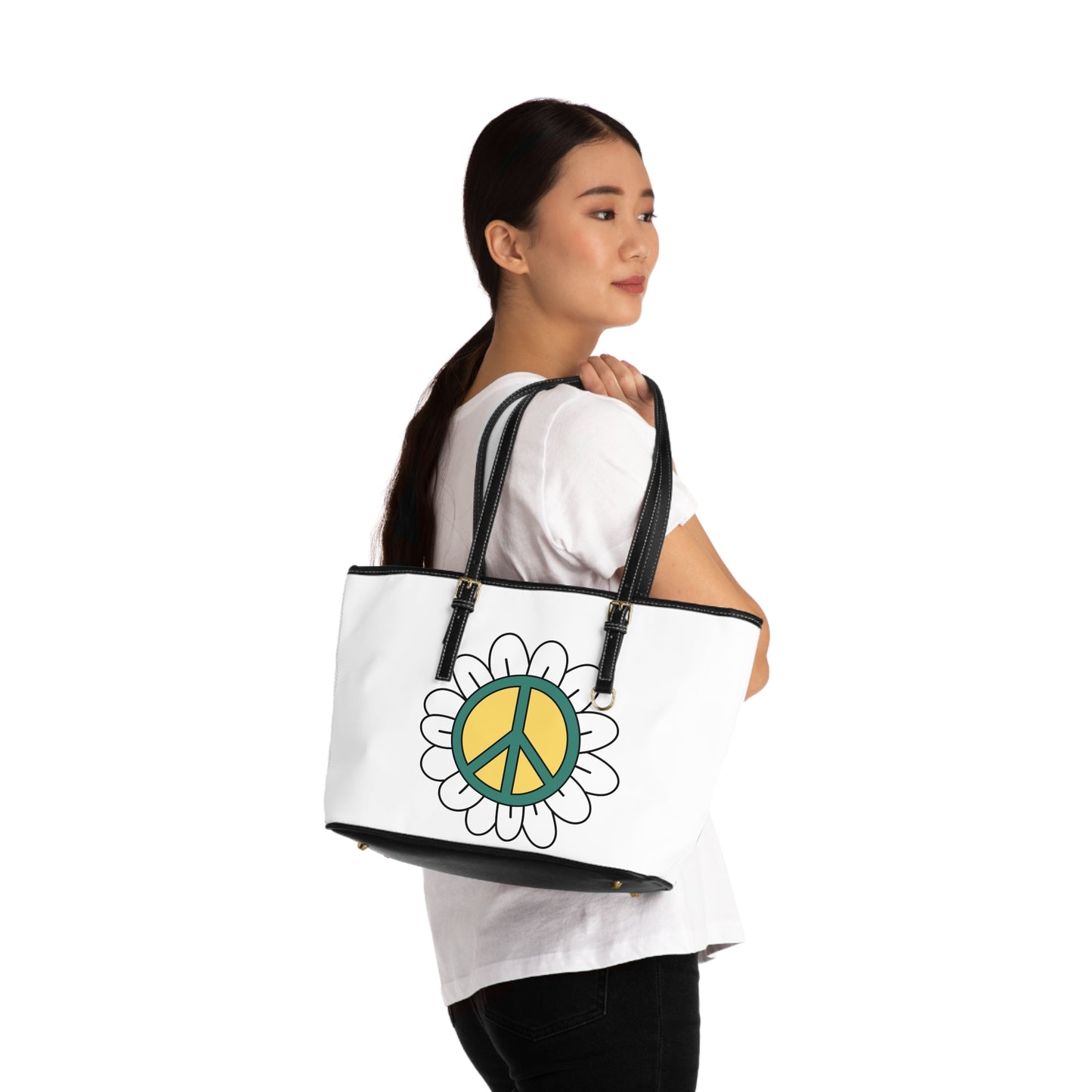 Peace Sign in White Flower Leather Shoulder Bag