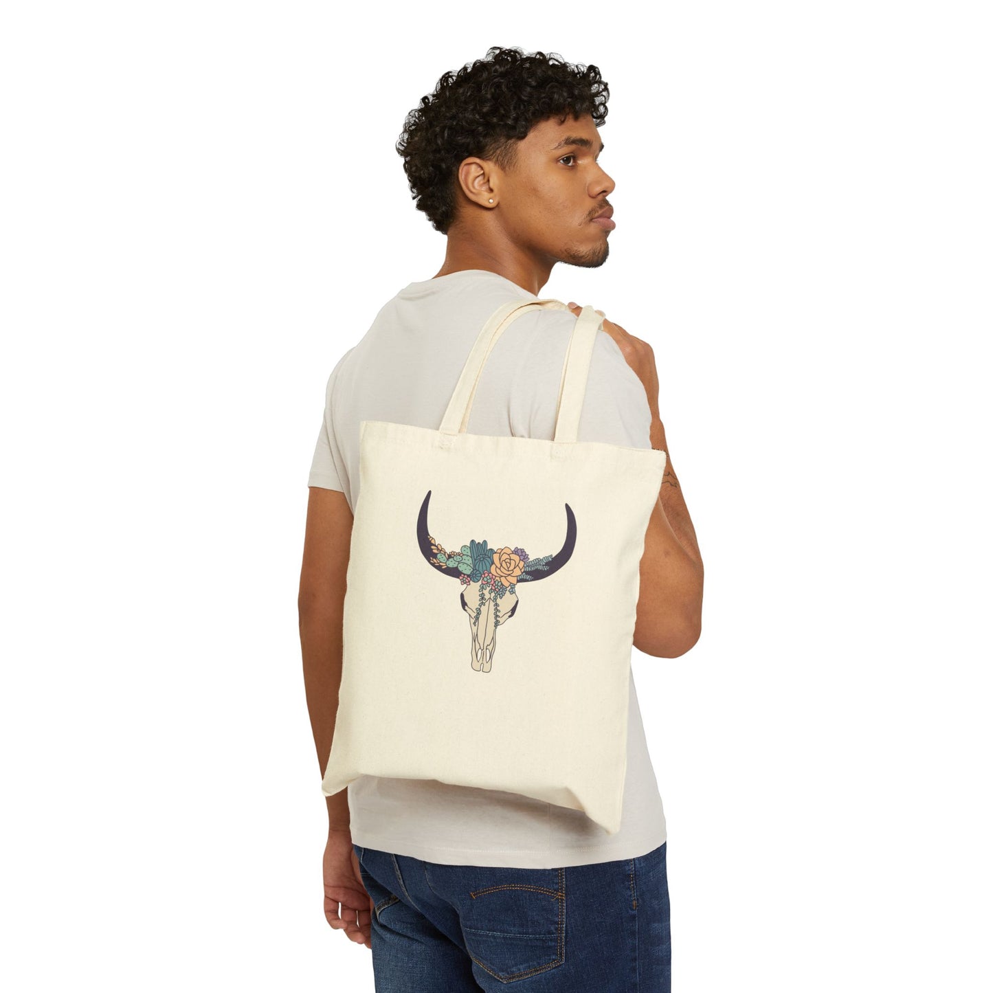 Buffalo Skull with Flowers Cotton Tote Bag