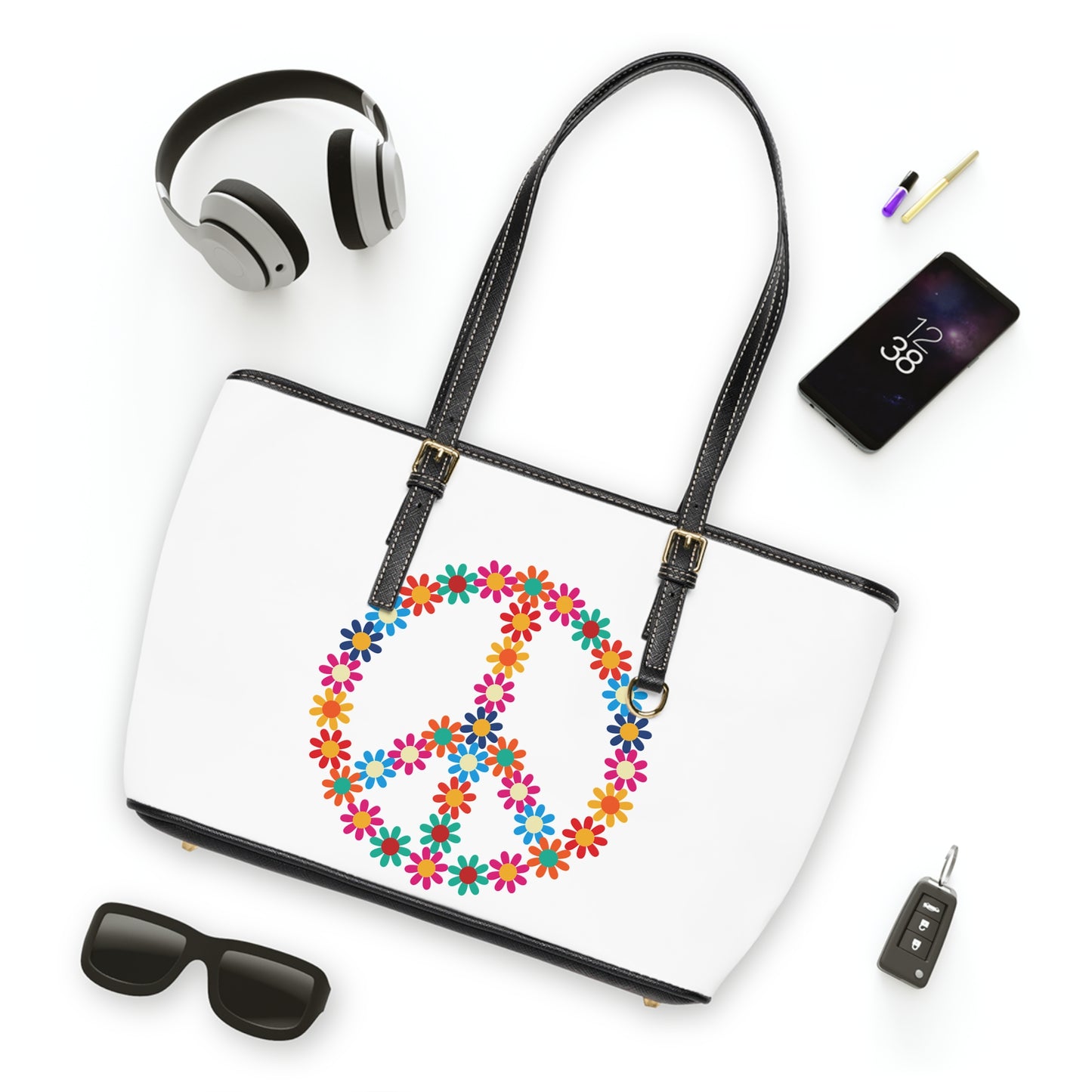 Peace Sign made of Flowers Leather Shoulder Bag