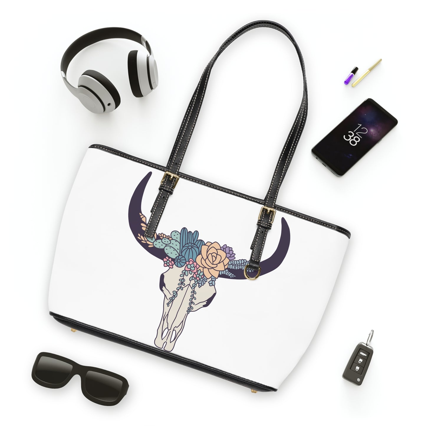 Buffalo Skull with Flowers Leather Shoulder Bag