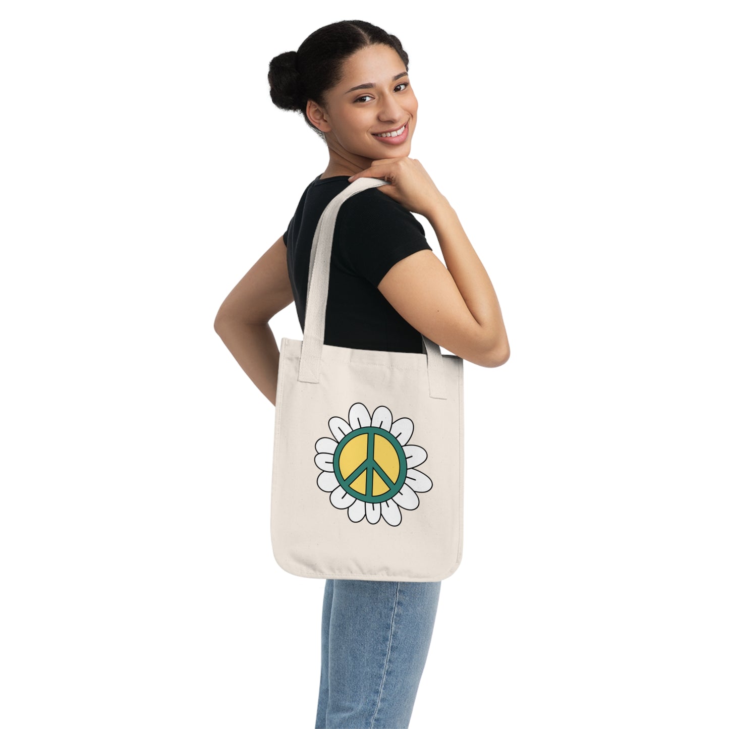 Peace Sign in White Flower Organic Canvas Tote Bag