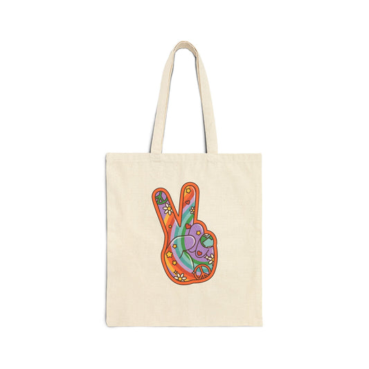 Hippie Peace Hand Sign Cotton Tote Bag