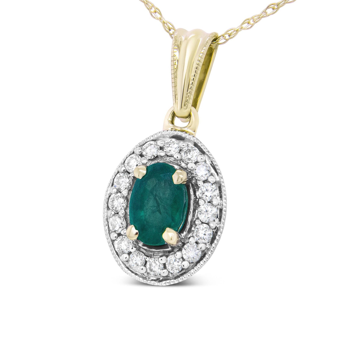 14K Yellow Gold Emerald and Diamond Halo Pendant