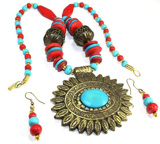 Flower Medallion Boho Necklace & Earrings Set