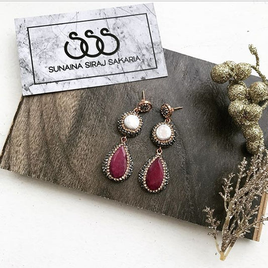 Pearl & Ruby Drop Earrings in 925 Sterling Silver