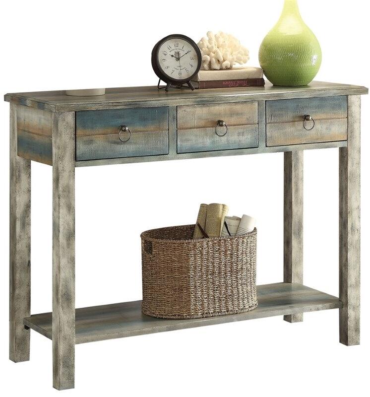 Antique Oak And Teal Wooden Console