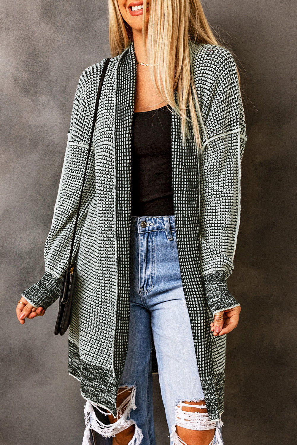 Gray Plaid Knitted Boho Cardigan