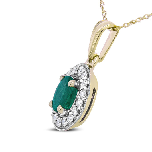 14K Yellow Gold Emerald and Diamond Halo Pendant