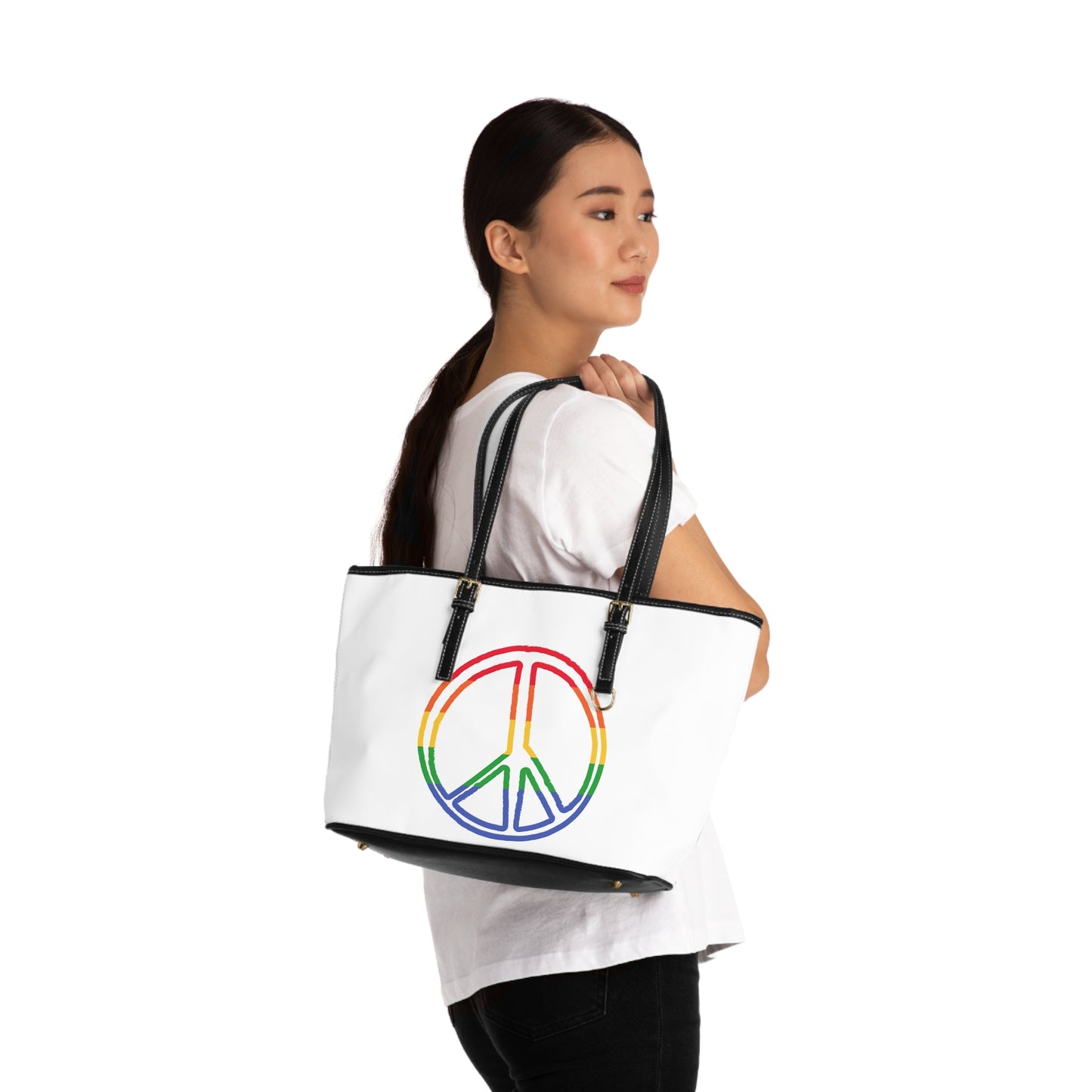 Drawing of Rainbow Peace Sign Leather Shoulder Bag