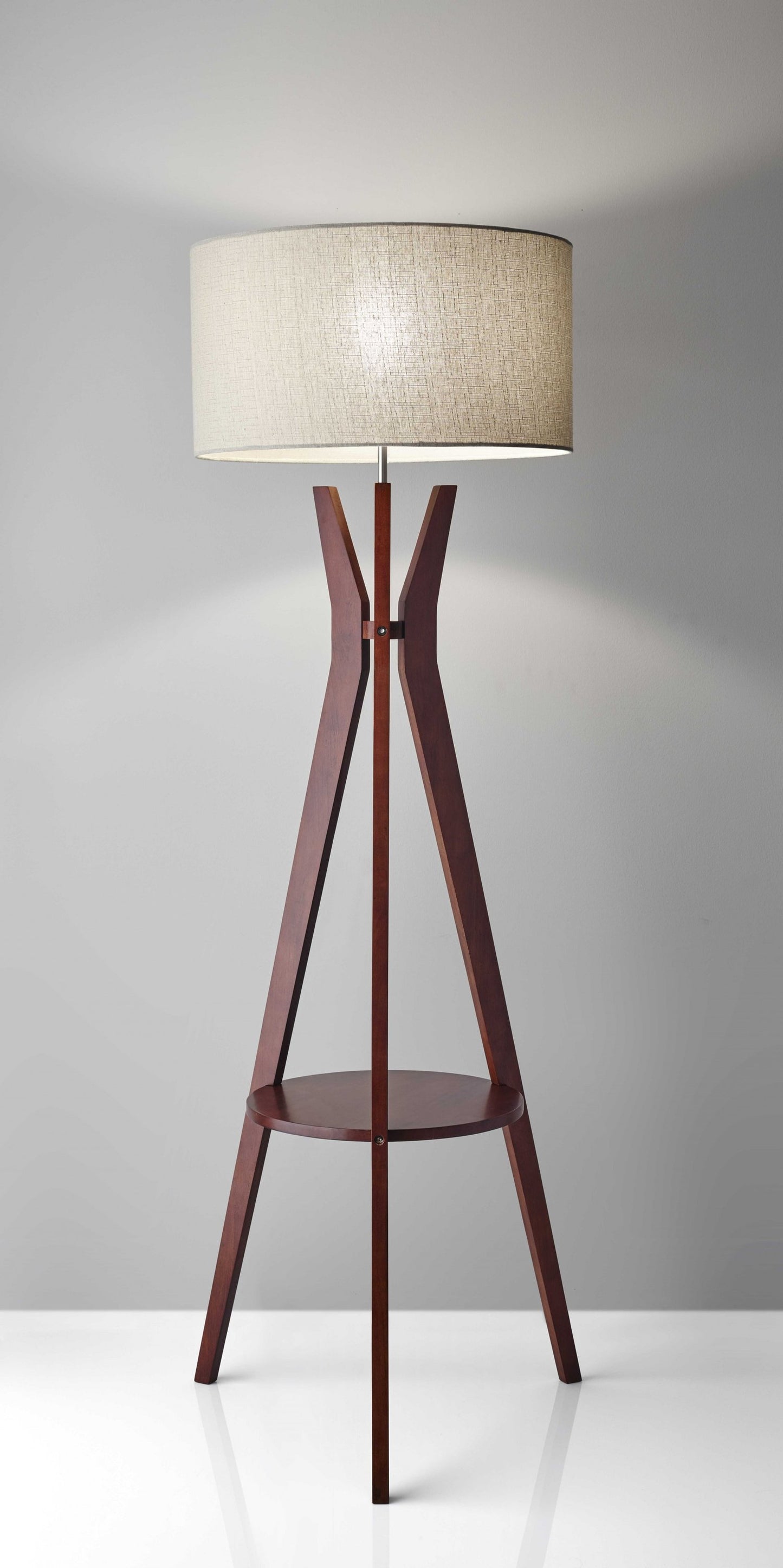 Walnut Wood Floor Lamp with Tripod Base and Shelf