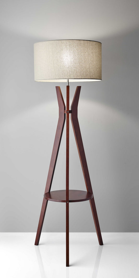 Walnut Wood Floor Lamp with Tripod Base and Shelf