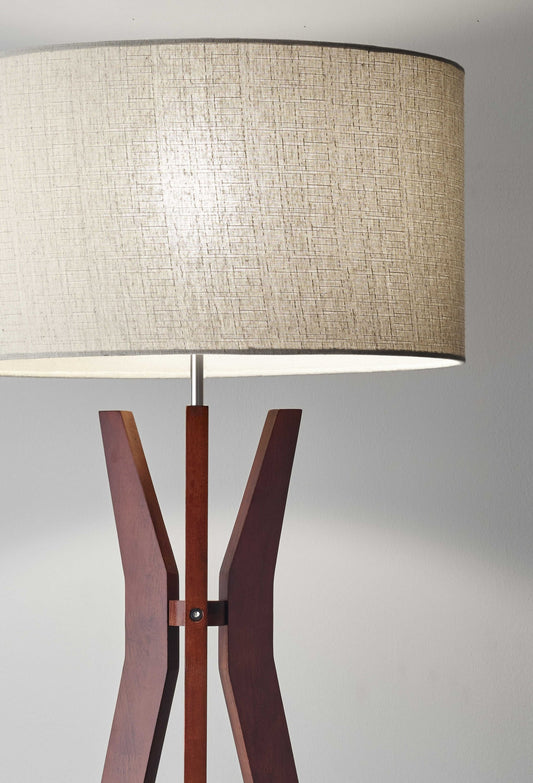 Walnut Wood Floor Lamp with Tripod Base and Shelf