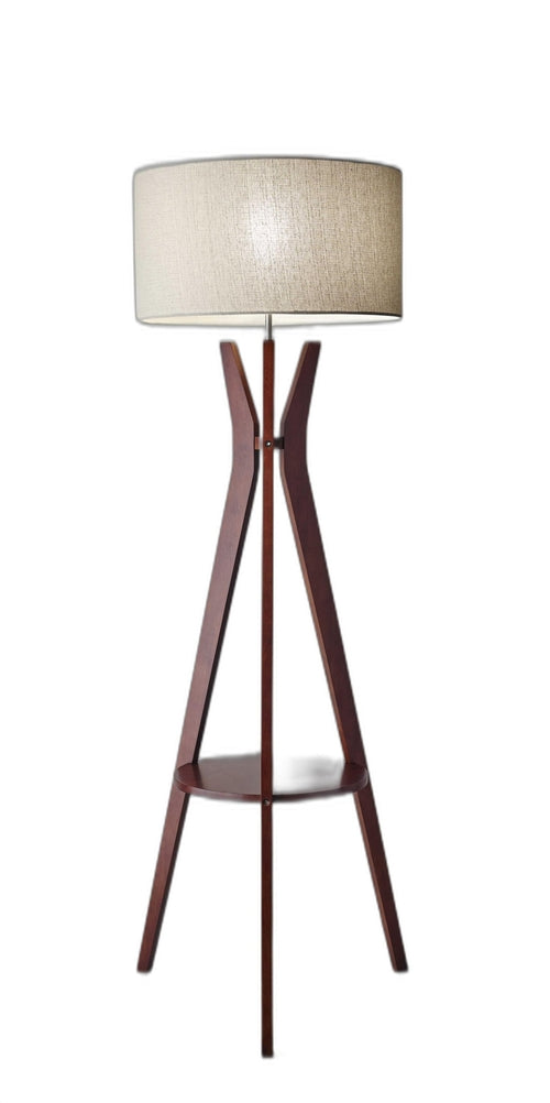 Walnut Wood Floor Lamp with Tripod Base and Shelf