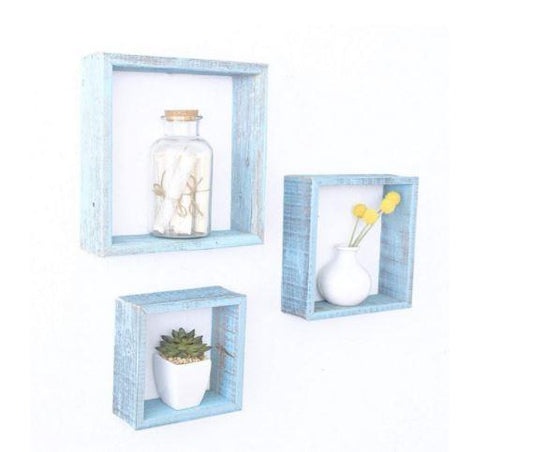 Set of 3 Square Blue Open Box Shelve