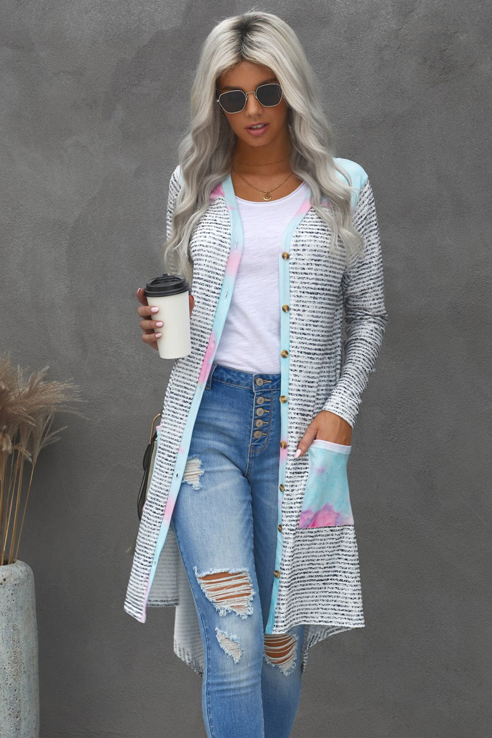 Tie-dye Patchwork Striped Cardigan - Boho Style