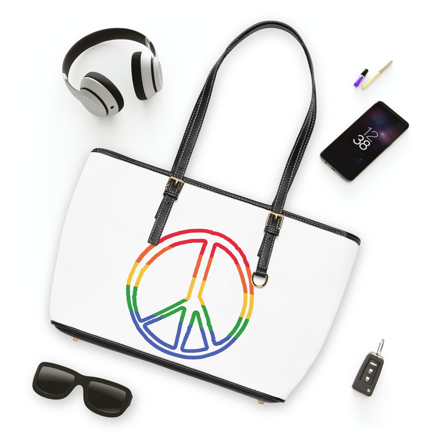 Drawing of Rainbow Peace Sign Leather Shoulder Bag