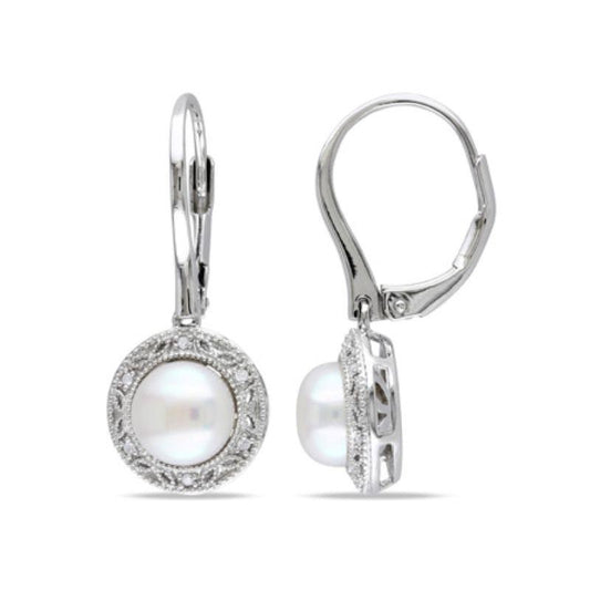 Freshwater White Pearl and Diamond Leverback Earrings