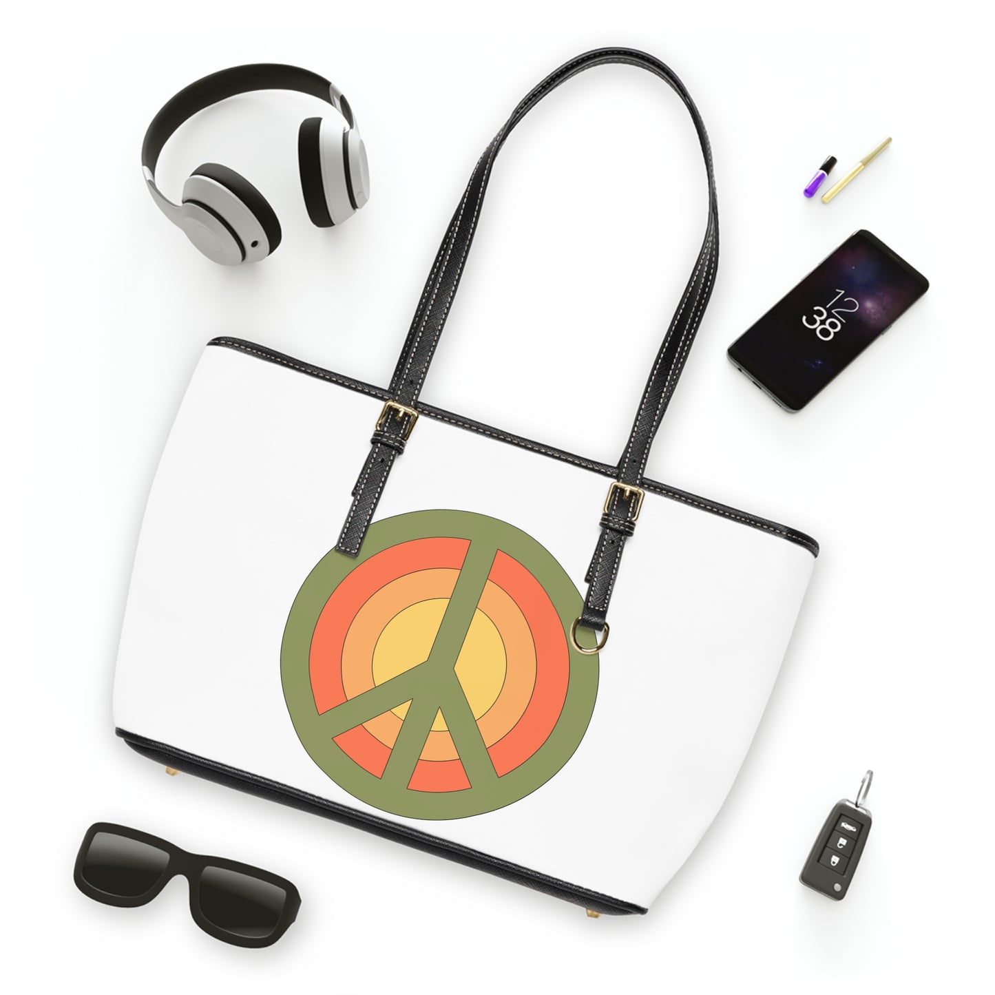 Retro Peace Sign Design Leather Shoulder Bag