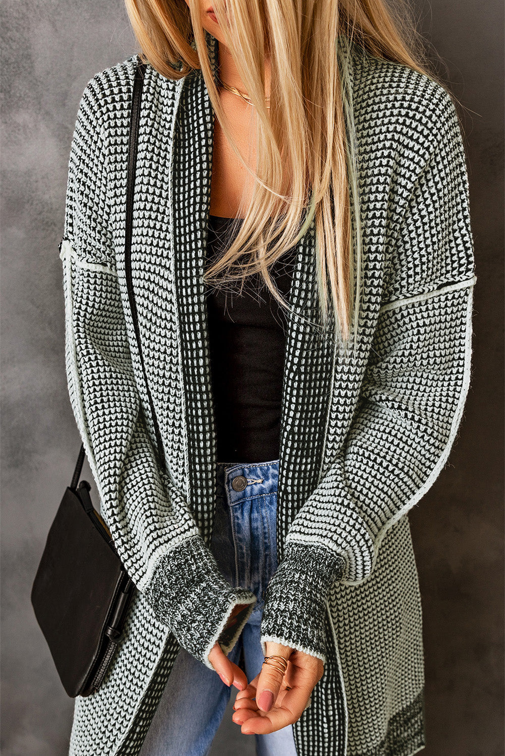 Gray Plaid Knitted Boho Cardigan