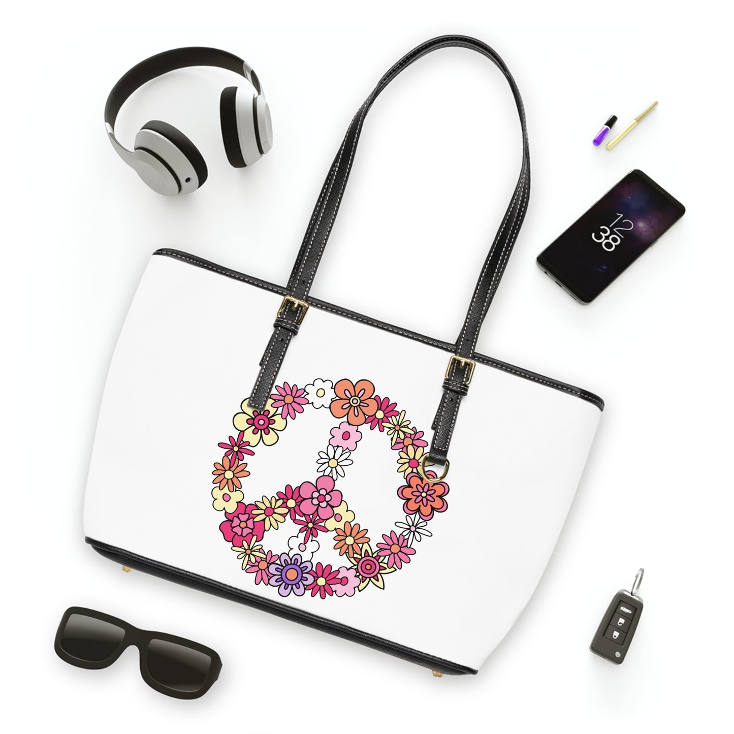 Peace Sign made from Flowers Leather Shoulder Bag