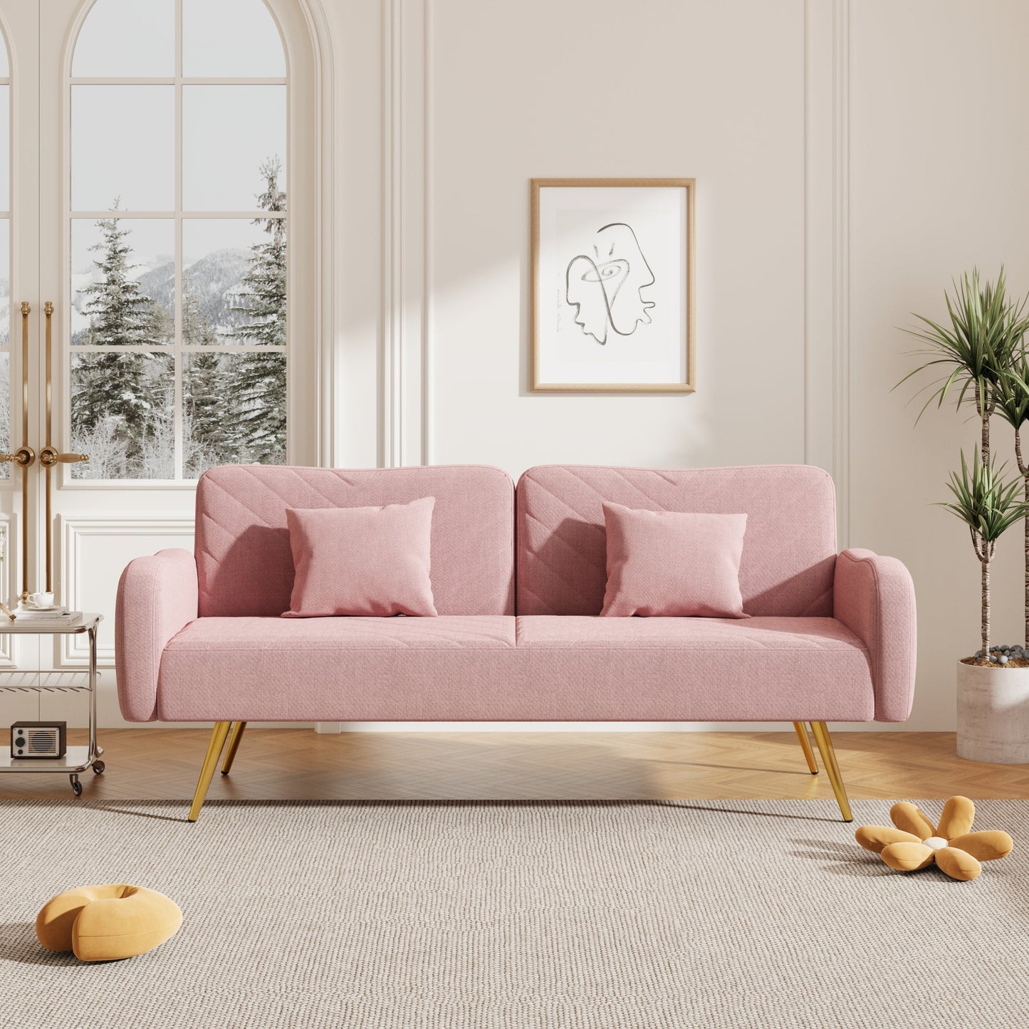 Pink Fabric Double Couch with Split Backrest