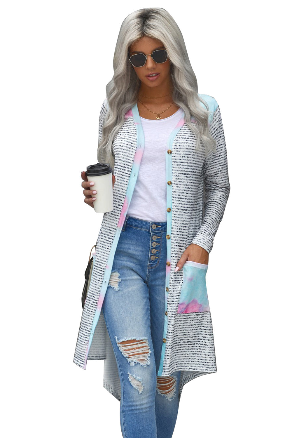 Tie-dye Patchwork Striped Cardigan - Boho Style