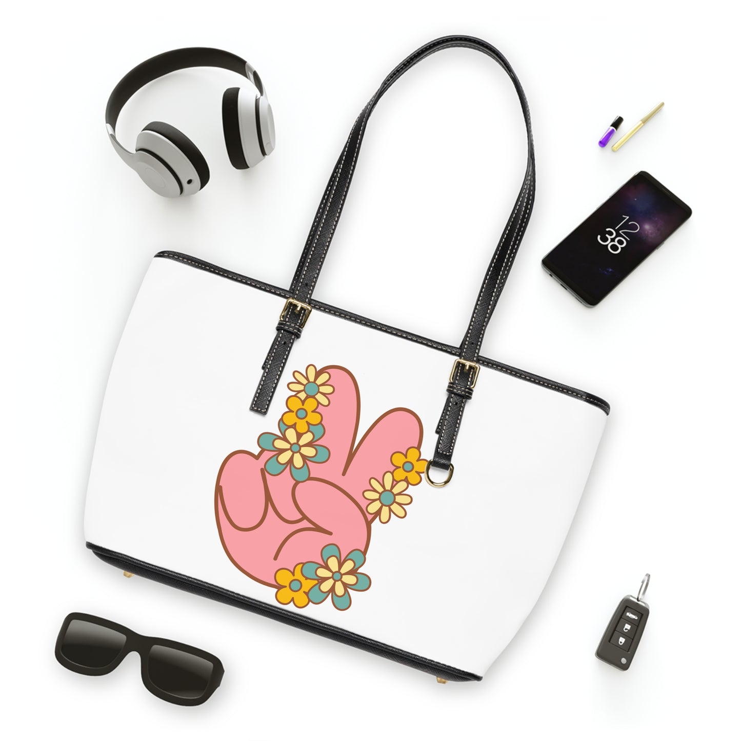 Peace Hand Sign with Flowers Leather Shoulder Bag