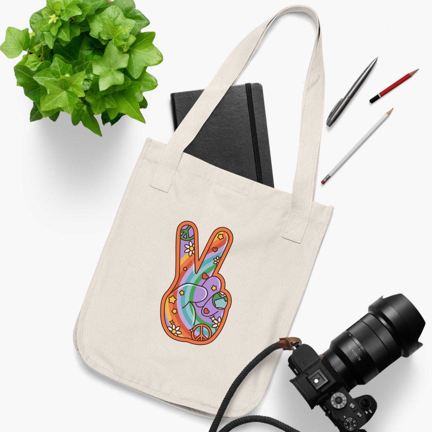 Hippie Peace Hand Sign Organic Canvas Tote Bag