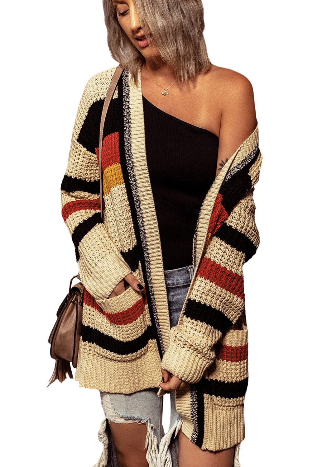 Striped Open Front Boho Knit Cardigan