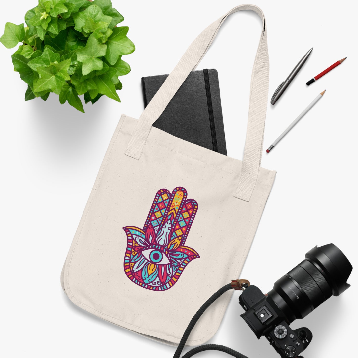 Colorful Fatima Hamsa Hand Organic Canvas Tote Bag