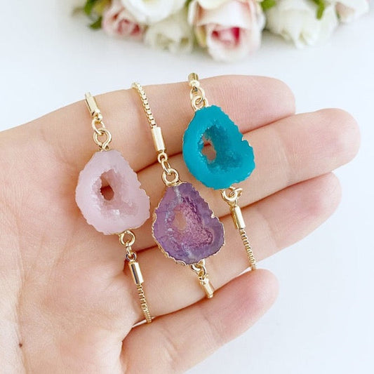 Adjustable Gold Gemstone Bracelet |  Aquamarine, Rose Quartz,  Amethyst