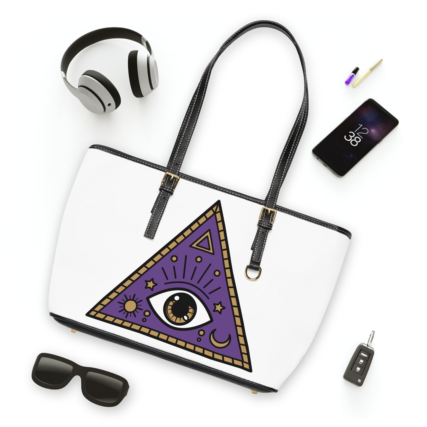 White Evil Eye and Pyramid Leather Shoulder Bag