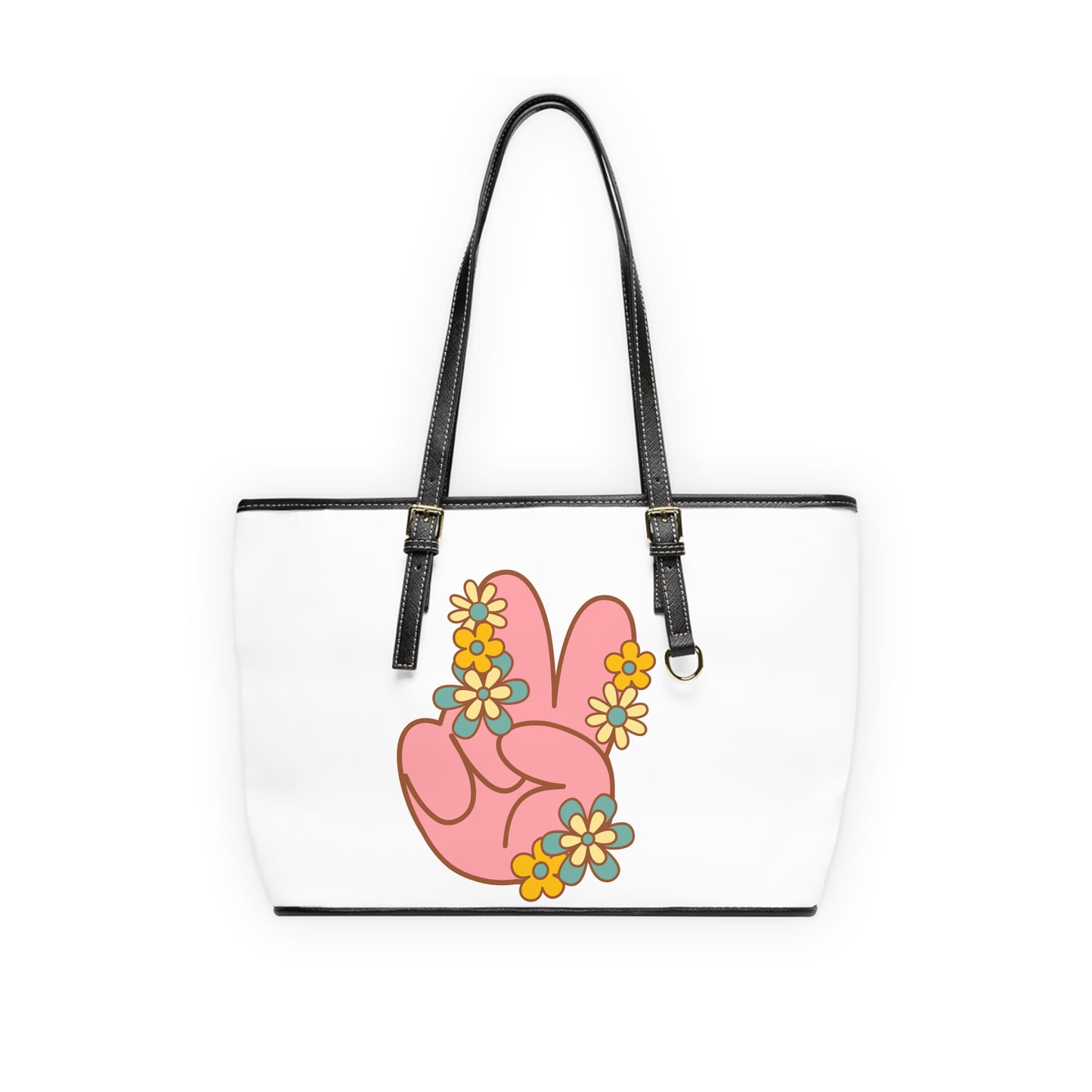 Peace Hand Sign with Flowers Leather Shoulder Bag