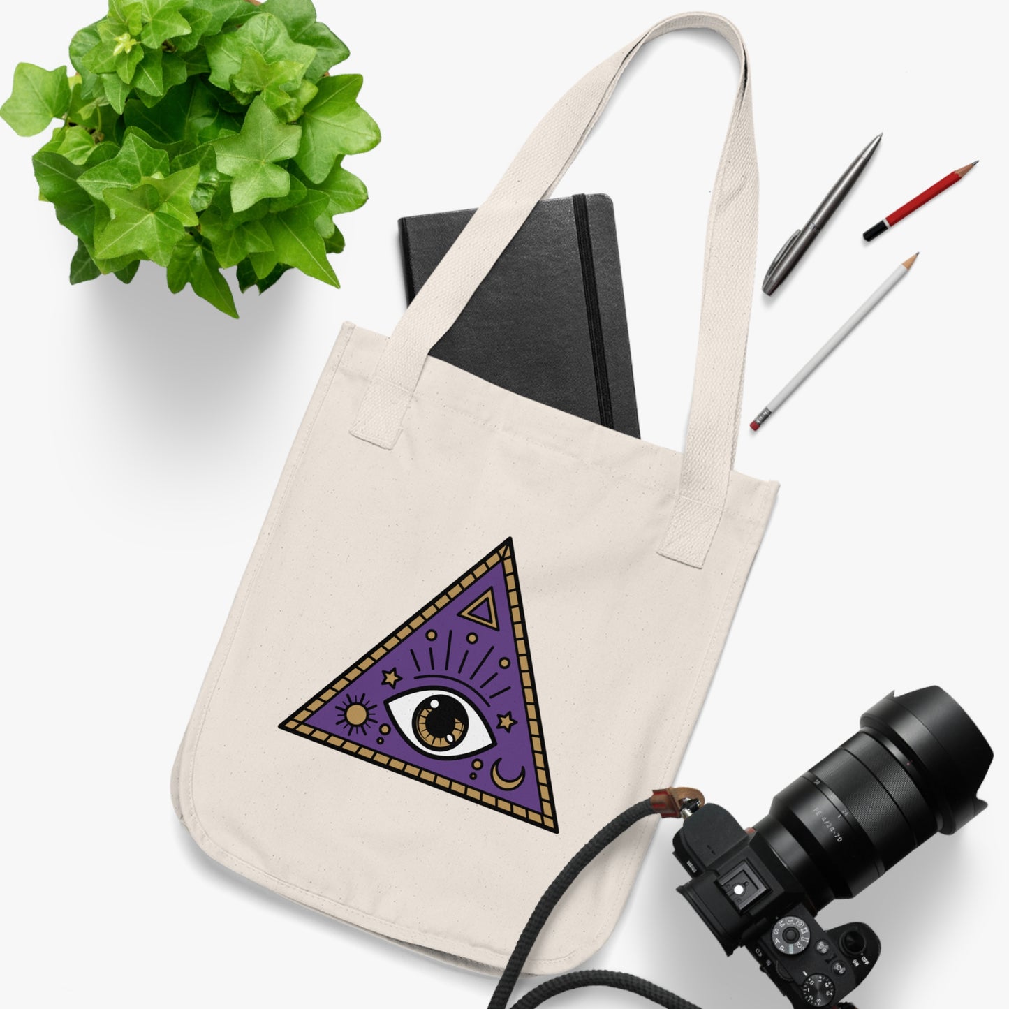 White Evil Eye and Pyramid Organic Canvas Tote Bag