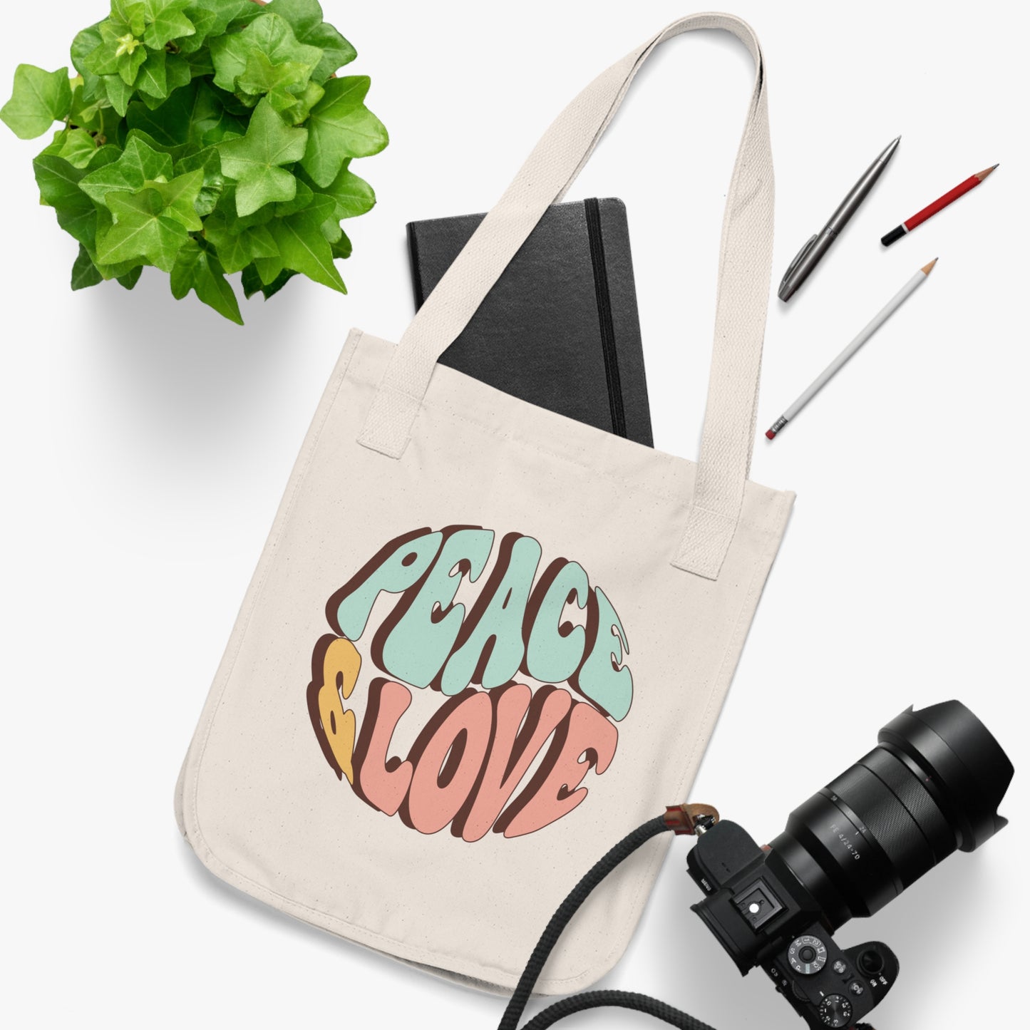 Peace and Love Organic Canvas Tote Bag