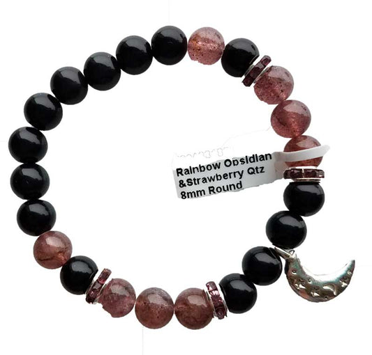 Rainbow Obsidian, Strawberry Quartz & Moon Bracelet