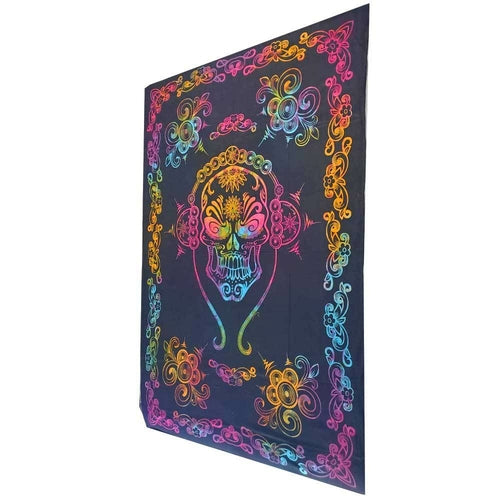 Gothic Skull Tapestry with Tie-Dye Pattern and Floral Border