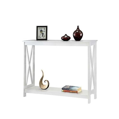 Bohemian White Wood Console Table with Bottom Storage Shelf