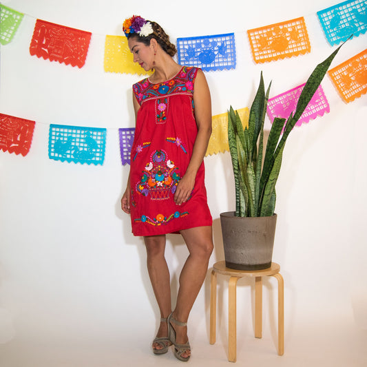 Red Vintage Boho Dress with Hand Embroidered Flowers