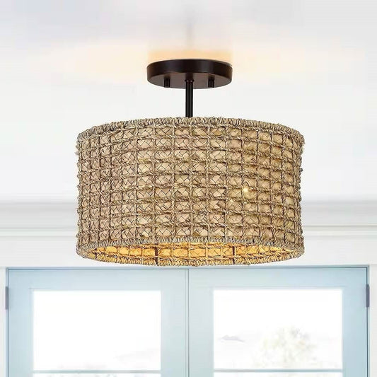 Bohemian 13.6-inch Round Rattan Drum Ceiling Light