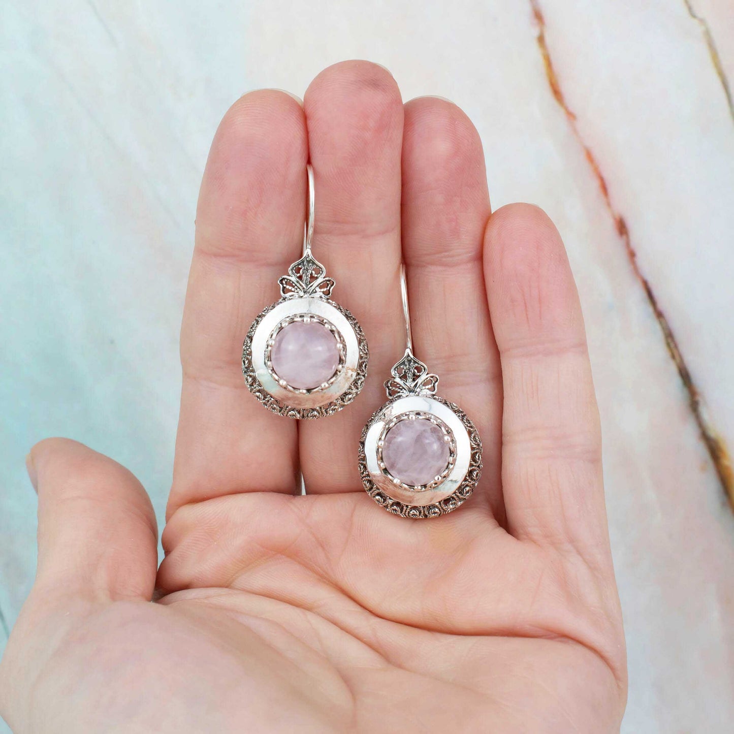 Filigree Art Rose Quartz Drop Earrings